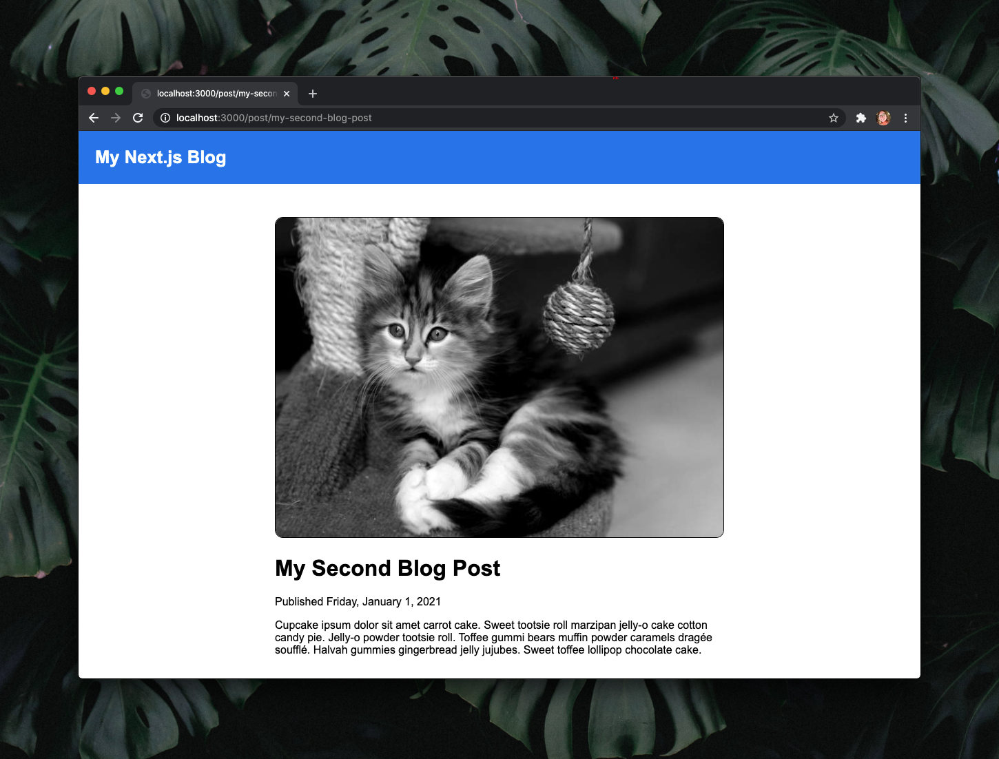 The same webpage as before but with a blue bar at the top and a white link to the home page that reads "My Next.js Blog".